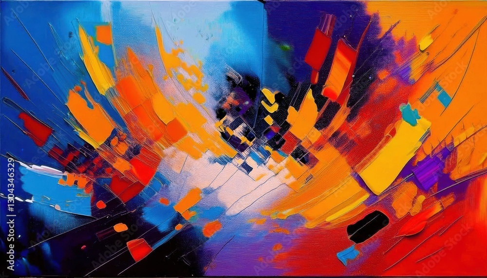Poster dynamic explosion of color in abstract digital painting with vivid contrast of blue, red, and orange