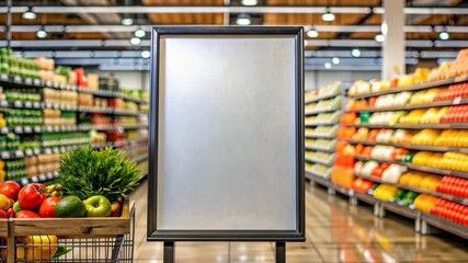 Blank advertising board in a supermarket aisle with fresh fruits and vegetables in a shopping cart and shelves stocked with groceries under bright lights concept of retail marketing and advertisement