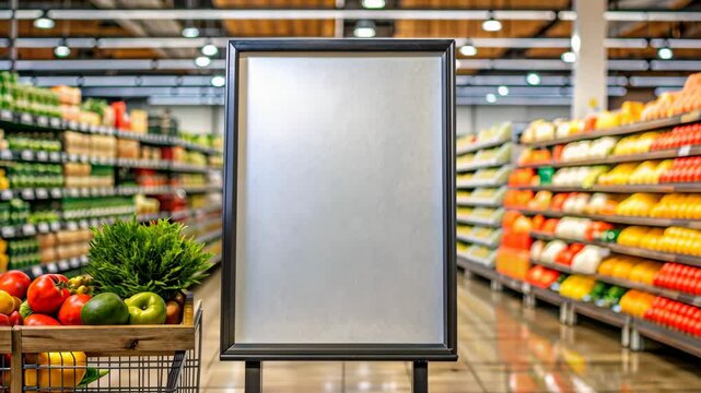 Blank advertising board in a supermarket aisle with fresh fruits and vegetables in a shopping cart and shelves stocked with groceries under bright lights concept of retail marketing and advertisement