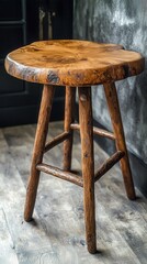 A rustic wooden stool with a natural finish rests on a polished hardwood floor, showcasing the rich grain and warm tones of the wood, creating a cozy and inviting atmosphere.