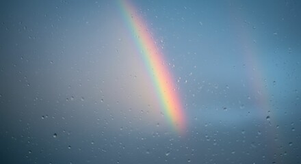 Vibrant rainbow against rainy sky with water droplets on glass surface