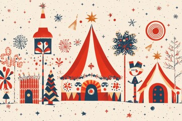 Fototapeta premium Minimalistic christmas village scene with festive decorations and trees