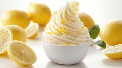 A creamy swirl of lemon ice cream, kissed with the vibrant essence of fresh lemon zest, promising a tangy delight on a hot summer day.