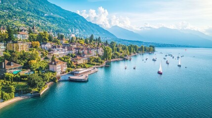 Fototapeta premium Aerial view of Montreuxs lakeside promenade, with vineyards in the background and sailboats dotting the waters of Lake Geneva.