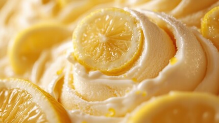 A creamy swirl of lemon ice cream, kissed with the vibrant essence of fresh lemon zest, promising a tangy delight on a hot summer day.