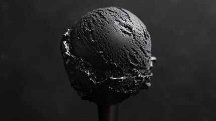 A scoop of creamy black ice cream stands out dramatically against a stark black background, a minimalist masterpiece of flavor and form.