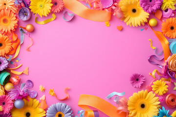 Fototapeta premium Colorful party decor frame, pink background