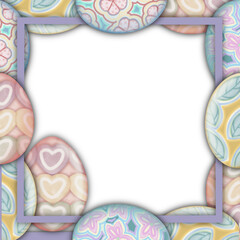 Paper cut style frame with pastel colored Easter egg and flowers hand drawn. Square frame with a pastel and Easter egg patterns,  transparent background.