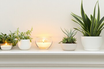 Minimalistic interior design with candles and potted plants on decluttered shelf
