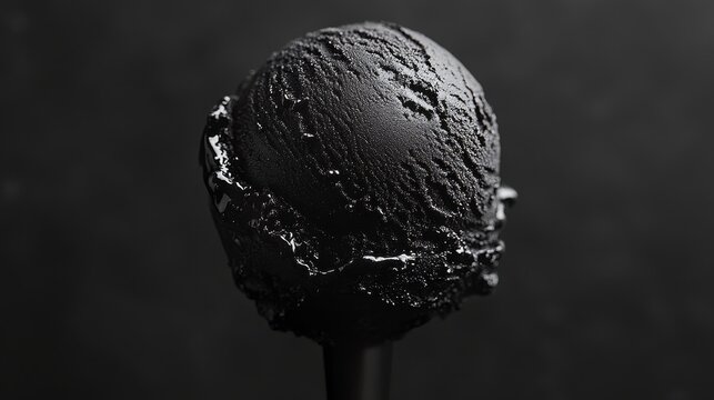 A scoop of creamy black ice cream stands out dramatically against a stark black background, a minimalist masterpiece of flavor and form.