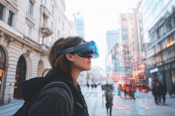 Obraz premium Futuristic urban experience with virtual reality in minimalist style