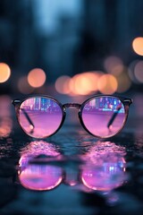 Sleek luxury eyeglasses float in mid-air above a softly blurred futuristic skyline. Neon lights reflect vividly on the lenses, creating an enchanting atmosphere during dusk