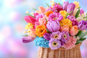 Colorful spring flowers in wicker basket