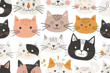 A seamless pattern featuring a variety of cute cartoon cat faces, each with different expressions and little details 
