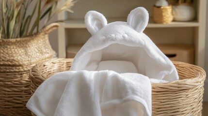 Fototapeta premium A baby hooded towel with soft embroidered ears, draped over a basket.