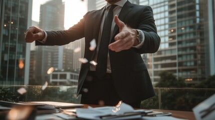 Businessman in suit discarding papers in office during sunset overlooking city skyline