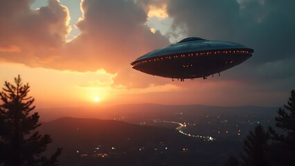 Obraz premium UFO hovering over the horizon during sunset with trees silhouetted against a colorful sky