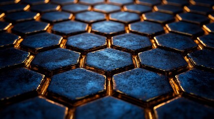 Deep blue metallic hexagons gleam intensely under warm light. AI Generated