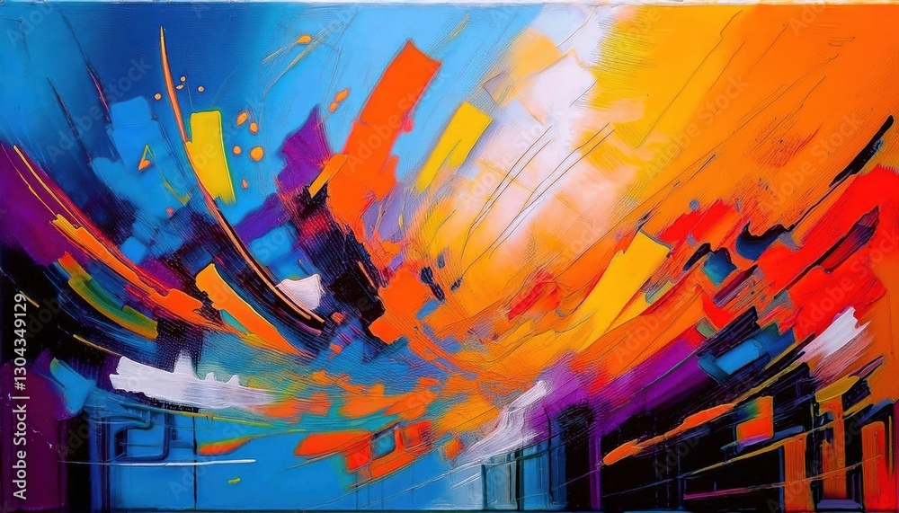 Poster dynamic explosion of color in abstract digital painting with vivid contrast of blue, red, and orange