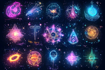Fototapeta premium Cosmic symbols, vibrant nebula backdrop