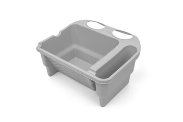 Gray plastic paint bucket or roller tray isolated on white background.
