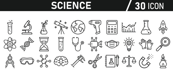 Naklejka premium Science icon set in liner style. Biology, laboratory, experiment, test tube, scientist, research, physics, chemistry icons. Icons Vector illustration.