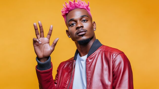 Young Man with Pink Hair Shows Four Fingers