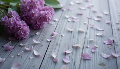 Obraz premium Pink hydrangea flowers with scattered petals on a light wooden surface creating a romantic and springtime scene