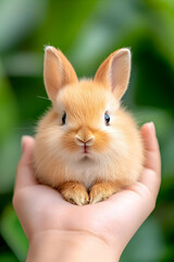 Fototapeta premium Cute bunny held in hands, green background