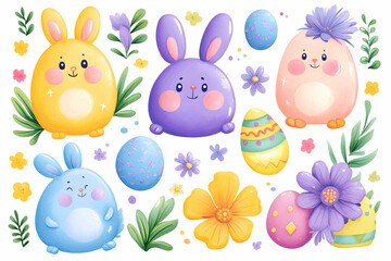 Obraz premium Cute Easter bunnies and eggs. Spring flowers