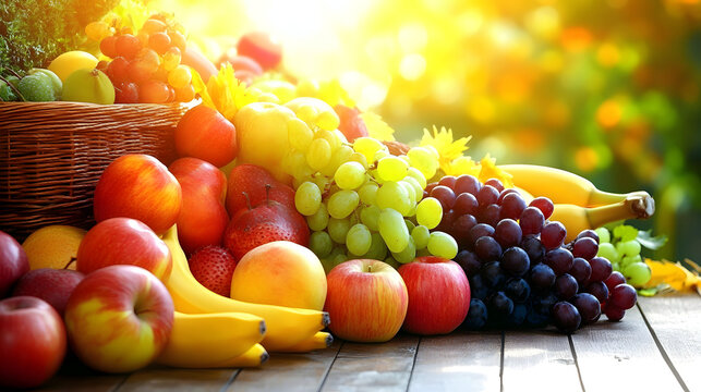 A variety of fresh fruits including apples, grapes, and bananas arranged neatly in a rustic basket on a wooden table, lit by warm sunlight.