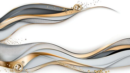 Elegant Abstract Gold and Grey Wave Design with Metallic Texture and Pearls