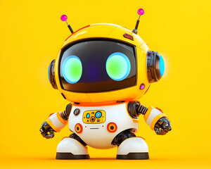 Cute robot, yellow background, 3D render