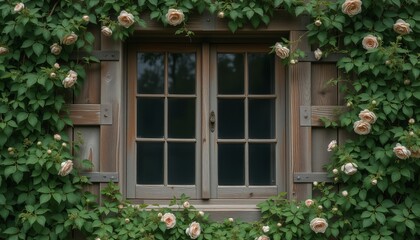 Obraz premium Wooden double doors with surrounding roses forming a charming and inviting garden gate