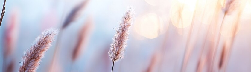 Obraz premium Tall grasses dance softly in a peaceful spring meadow filled with warm golden light. The dreamy pastel colors create a tranquil atmosphere perfect for relaxation and reflection