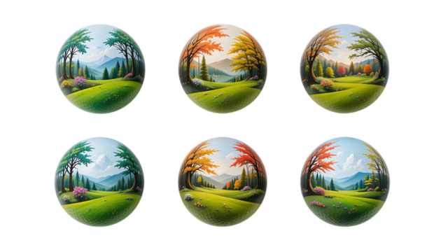 Collection of Vibrant Golf Ball in a Picturesque Forest Setting isolated on png