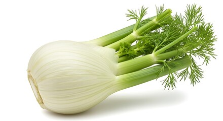 Fresh Fennel Bulb with Green Fronds Isolated on White Background