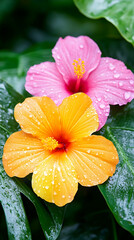 Dewy hibiscus blossoms, lush foliage