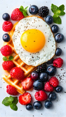 Egg, waffles, berries breakfast, overhead