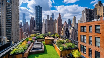 Fototapeta premium A beautiful rooftop garden in a modern city, offering a peaceful retreat.
