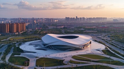Modern architectural stadium in urban cityscape at sunset