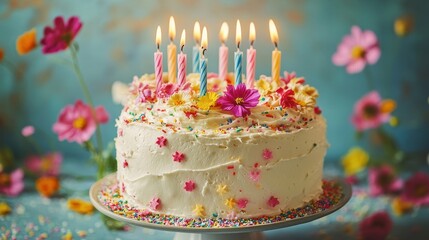 A vibrant canvas of buttercream frosting, adorned with a rainbow spectrum of sprinkles, candles, and edible flowers, celebrating the joyous occasion of birthdays.