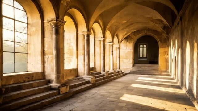 A classical architectural style featuring an arched colonnade with a series of stone columns and arches in an old European castle or monastery
