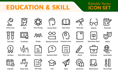 Education Icons Collection. Vector-Based Icons for School, College, Learning Resources, Study, and Teaching Tools