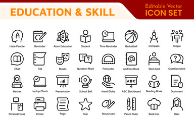 Education Icons Collection. Vector-Based Icons for School, College, Learning Resources, Study, and Teaching Tools