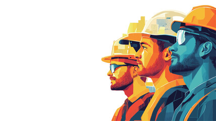 A stylized digital illustration depicting three men in profile view, wearing various work-related headgear, including hard hats and baseball caps.  The illustration uses a bold, graphic
