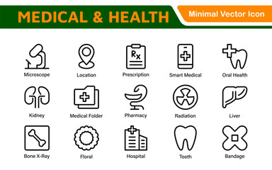 Set of Medical web icons in line style. Medicine and Health Care, RX. Medicine, check up, doctor, dentistry, pharmacy, lab, scientific discovery, collection.