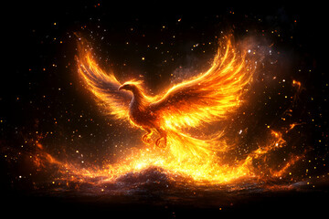 Fiery Phoenix Rising from Embers in Dark Sky