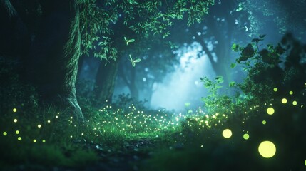 Obraz premium A magical forest illuminated by glowing fireflies. Experience the tranquility and enchantment of this serene natural scene. Nature inspires dreams and wonder. Generative AI