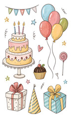 A collection of festive party items including a cake, balloons, and gifts